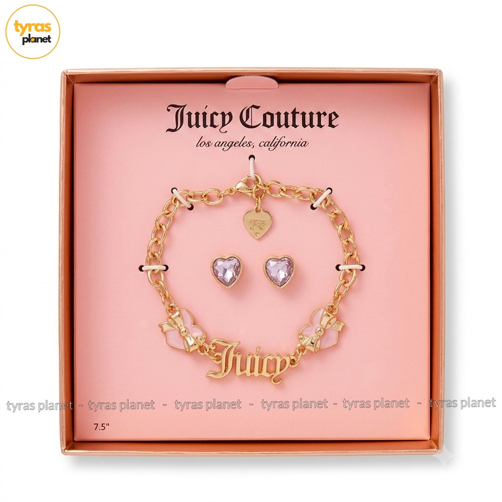 Juicy Couture Gold Tone Script Bracelet Heart Stud Earrings Set Boxed 7.5"